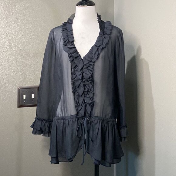 Rebecca Taylor Black Sheer Button Down Ruffle Blouse Long Sleeve - Picture 12 of 12
